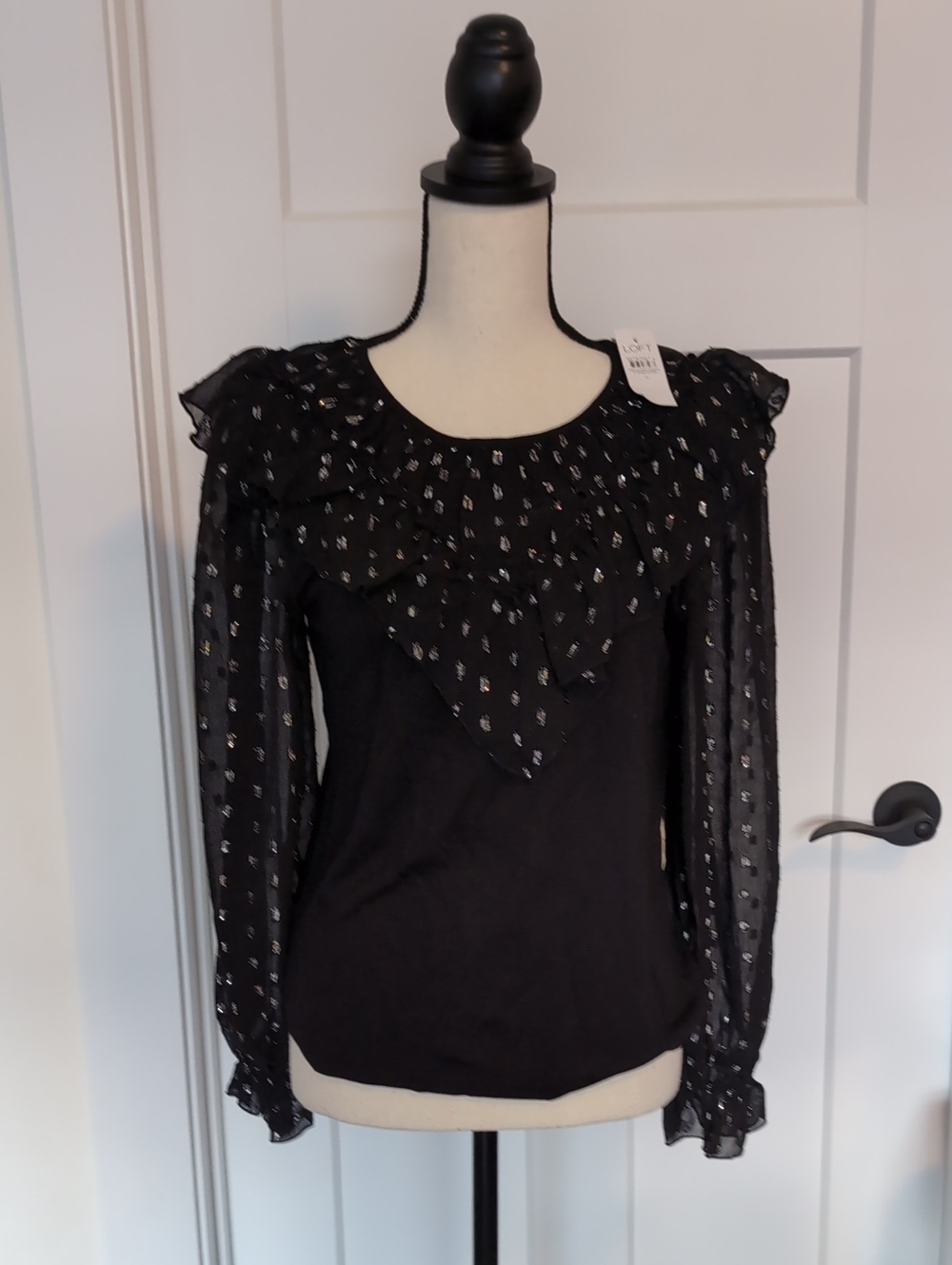 LOFT Black Ruffle Yoke Long Sleeve Blouse with Metallic Dots